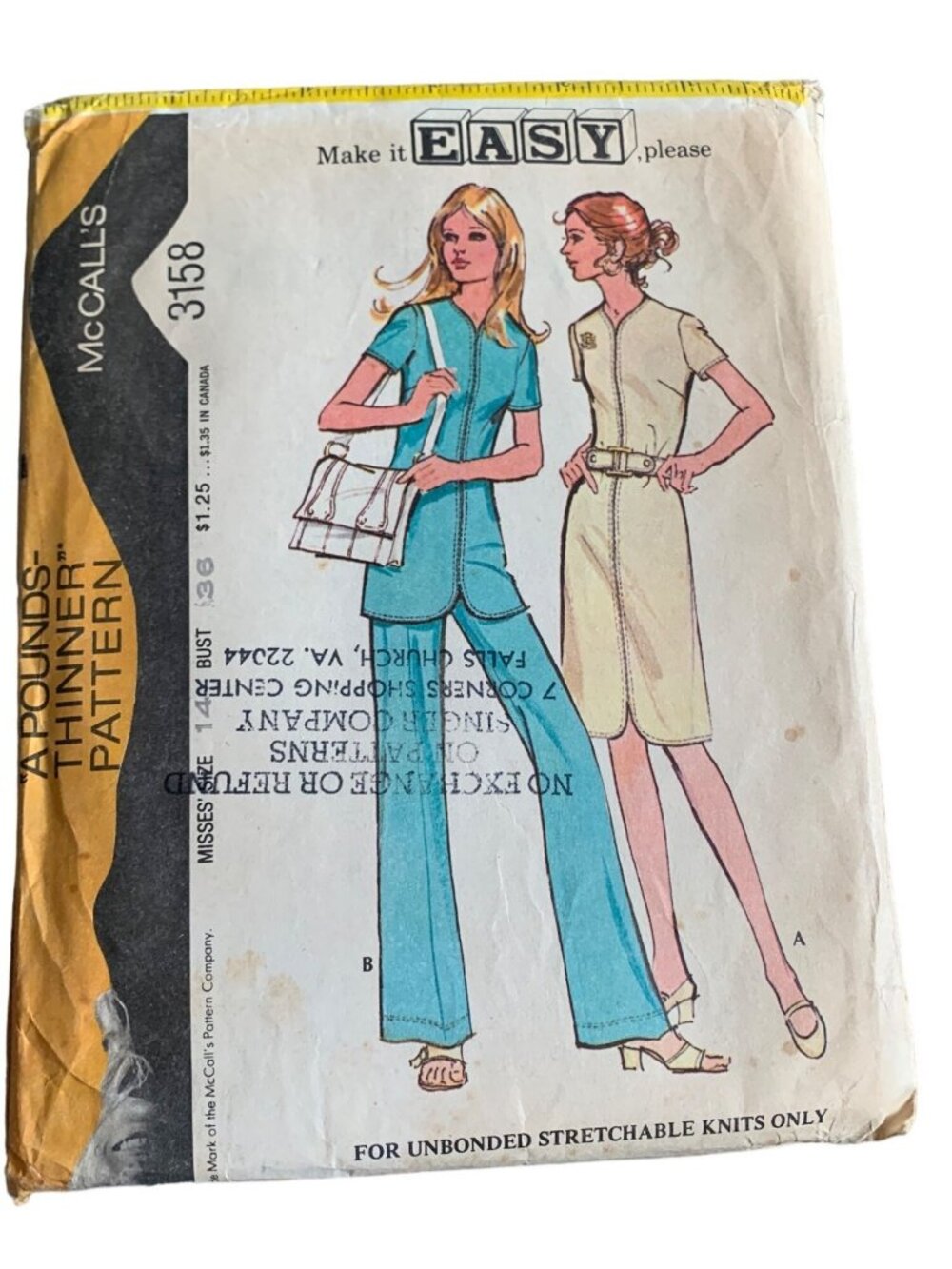 Vintage McCalls 3158 Misses Dress Shirt Pant Sewing Pattern Size 14 1972